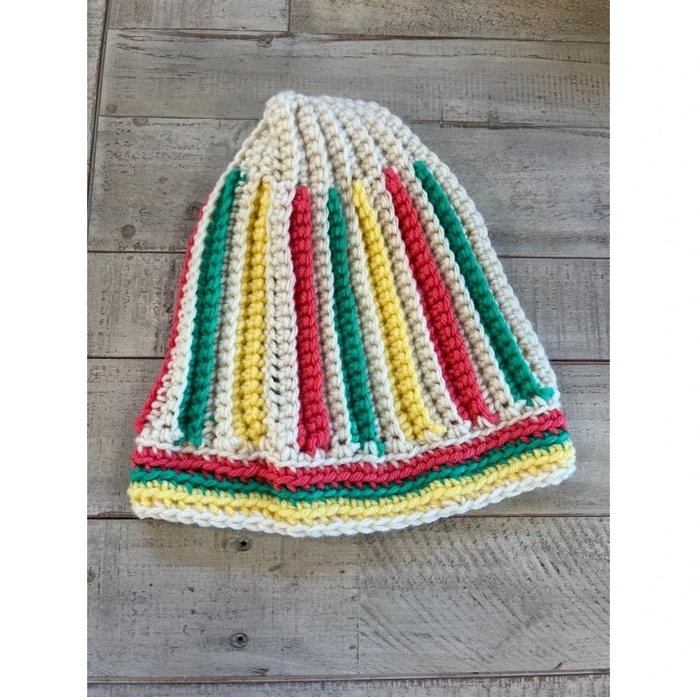 Handmade Crochet Striped Beanie‎ Cream Red Yellow Green Ribbed Knit Winter Hat